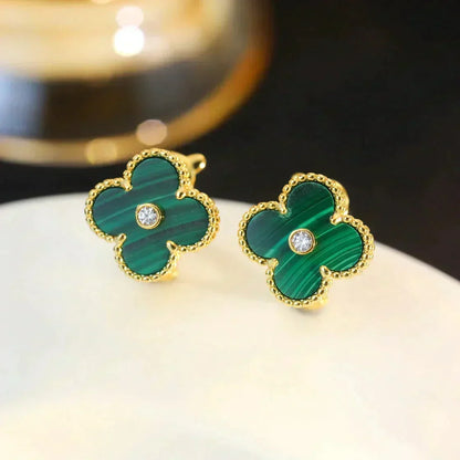 [⭐Renara]CLOVER MEDIUM 1 MOTIFS MALACHITE DIAMOND EARRINGS