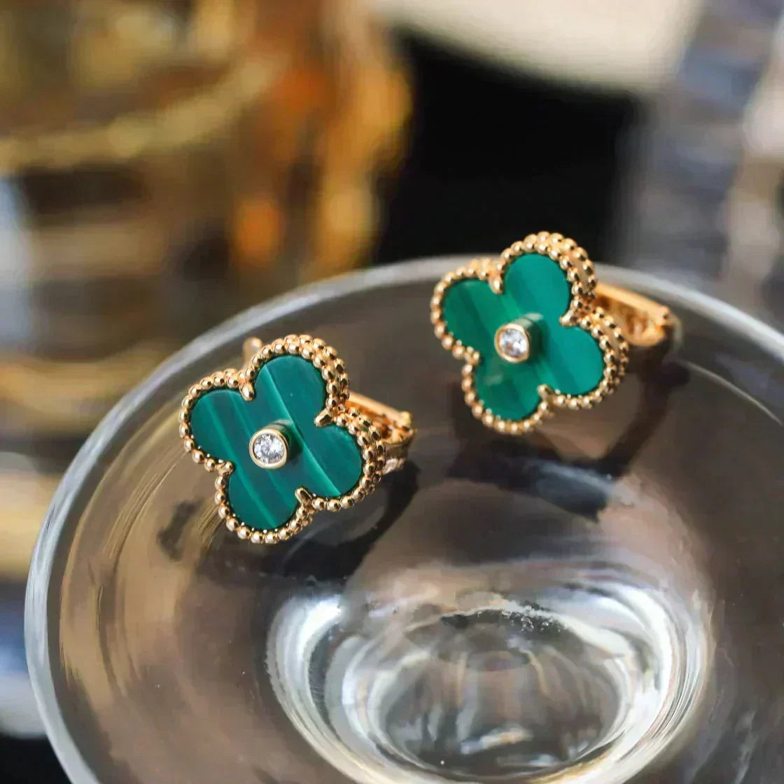 [⭐Renara]CLOVER MEDIUM 1 MOTIFS MALACHITE DIAMOND EARRINGS