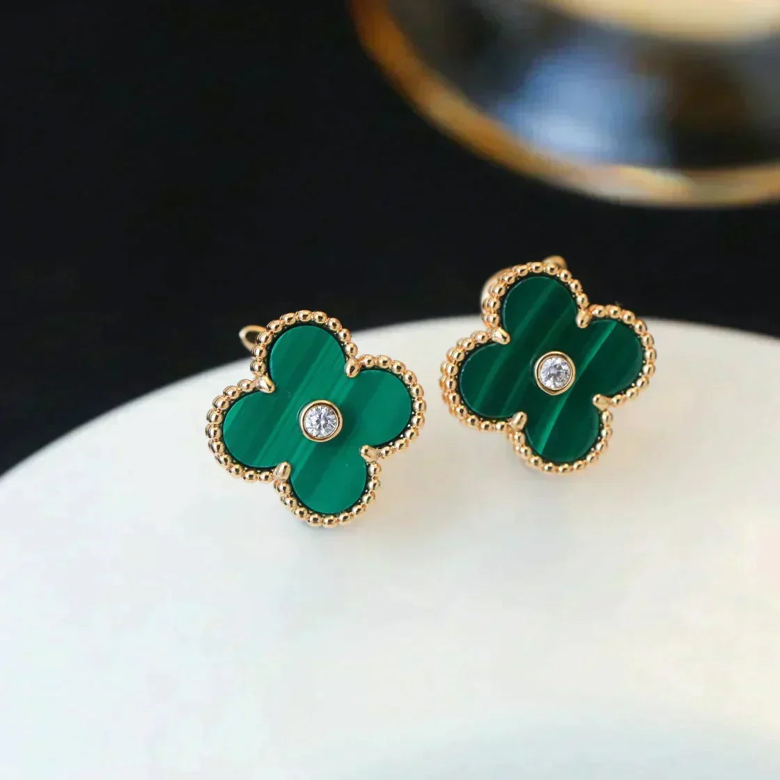 [⭐Renara]CLOVER MEDIUM 1 MOTIFS MALACHITE DIAMOND EARRINGS
