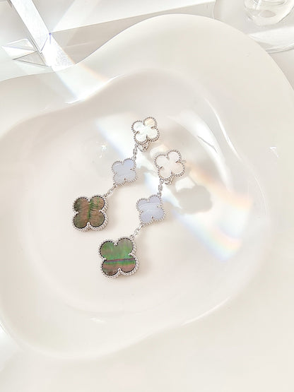 [⭐Renara]CLOVER 3 MOTIFS CHALCEDONY DARK MOP SILVER EARRINGS