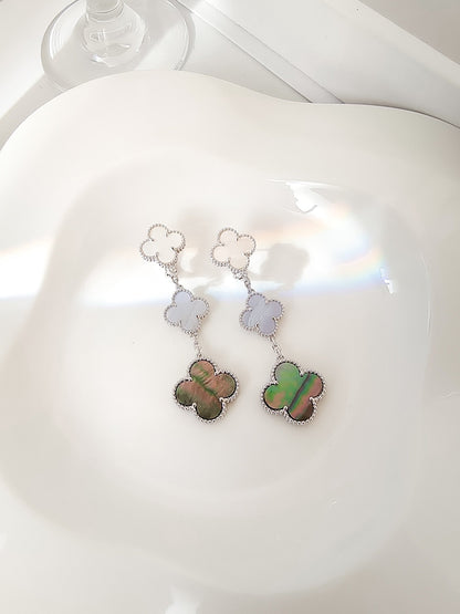 [⭐Renara]CLOVER 3 MOTIFS CHALCEDONY DARK MOP SILVER EARRINGS