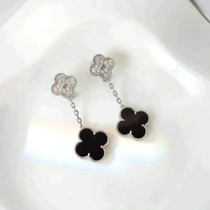 [⭐Renara]CLOVER 2 MOTIFS  DIAMOND ONYX EARRINGS SILVER