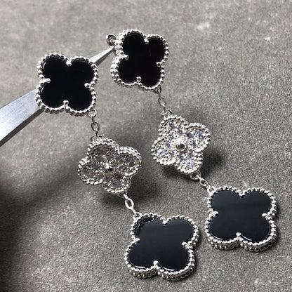 [⭐Renara]CLOVER 3 MOTIF DIAMOND ONYX SILVER EARRINGS