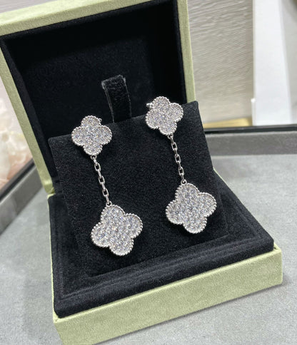 [⭐Renara]CLOVER 2 MOTIFS DIAMOND PAVED SILVER EARRINGS