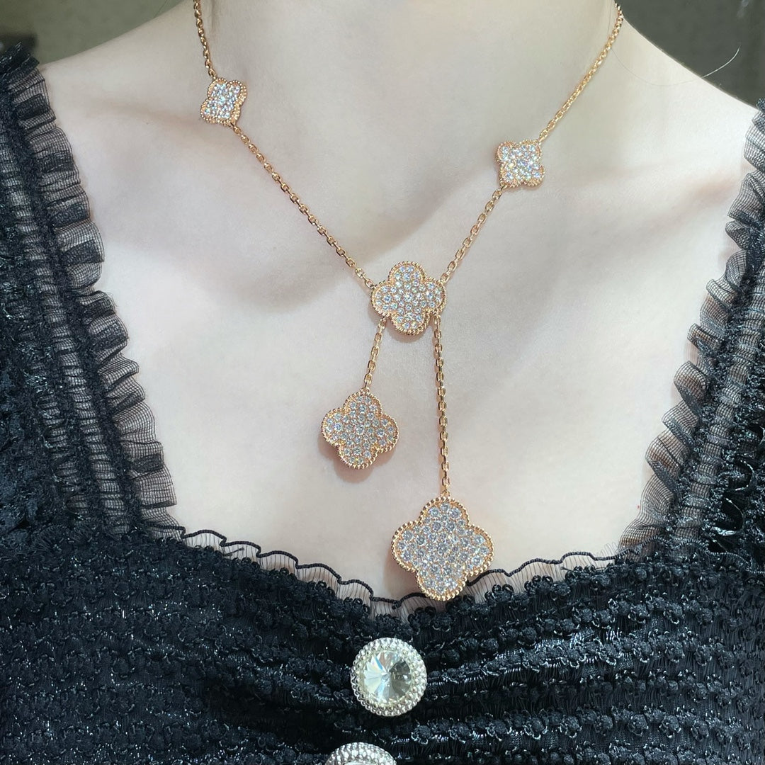 [⭐Renara]CLOVER 6 MOTIF DIAMOND PAVED NECKLACE