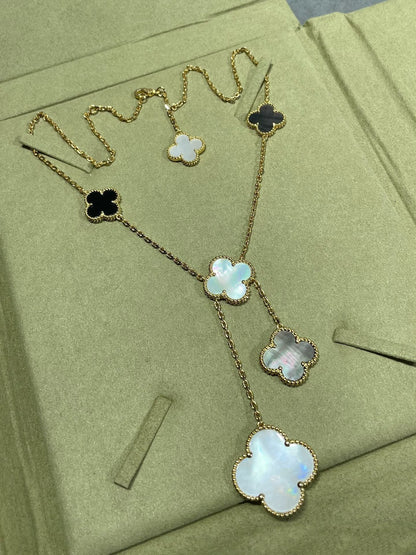 [⭐Renara]CLOVER 6 MOTIF MOP ONYX GOLD NECKLACE