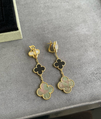 [⭐Renara]CLOVER 3 MOTIF MOP ONYX DARK MOP PINK GOLD EARRINGS
