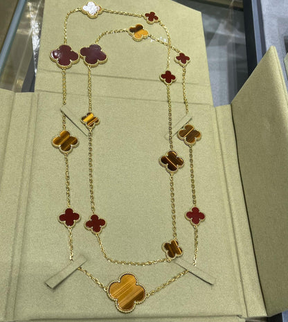 [⭐Renara]CLOVER 16 MOTIF CARNELIAN TIGER EYE ROSE GOLD NECKLACE