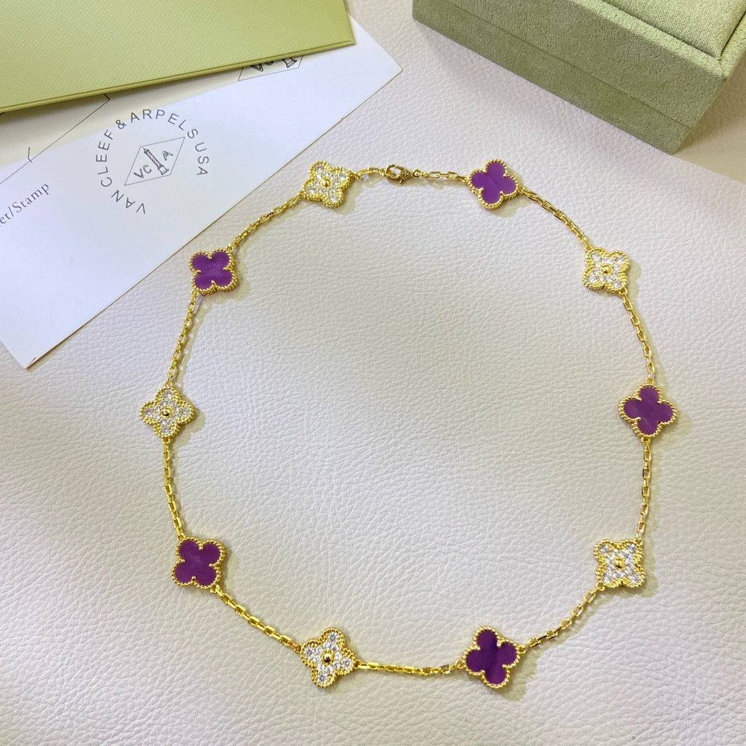 [⭐Renara Jewelry]CLOVER 10 MOTIFS  PURPLE VIOLET DIAMOND NECKLACE