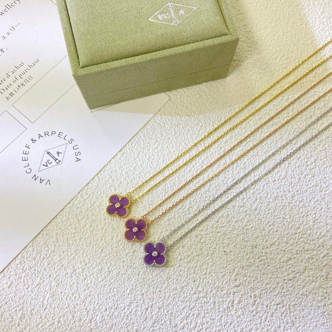 [⭐Renara Jewelry]CLOVER 15MM DIAMOND  PURPLE VIOLET NECKLACE
