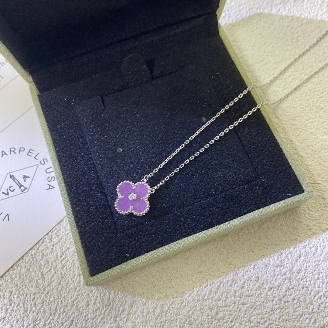[⭐Renara Jewelry]CLOVER 15MM DIAMOND  PURPLE VIOLET NECKLACE