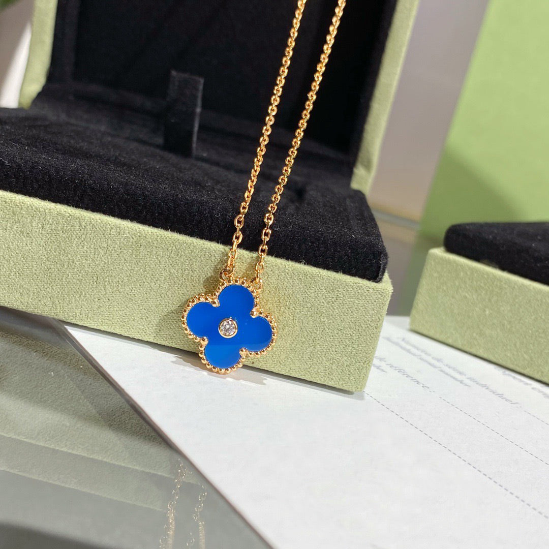 [⭐Renara]CLOVER 15MM DIAMOND AND BLUE AGATE NECKLACE