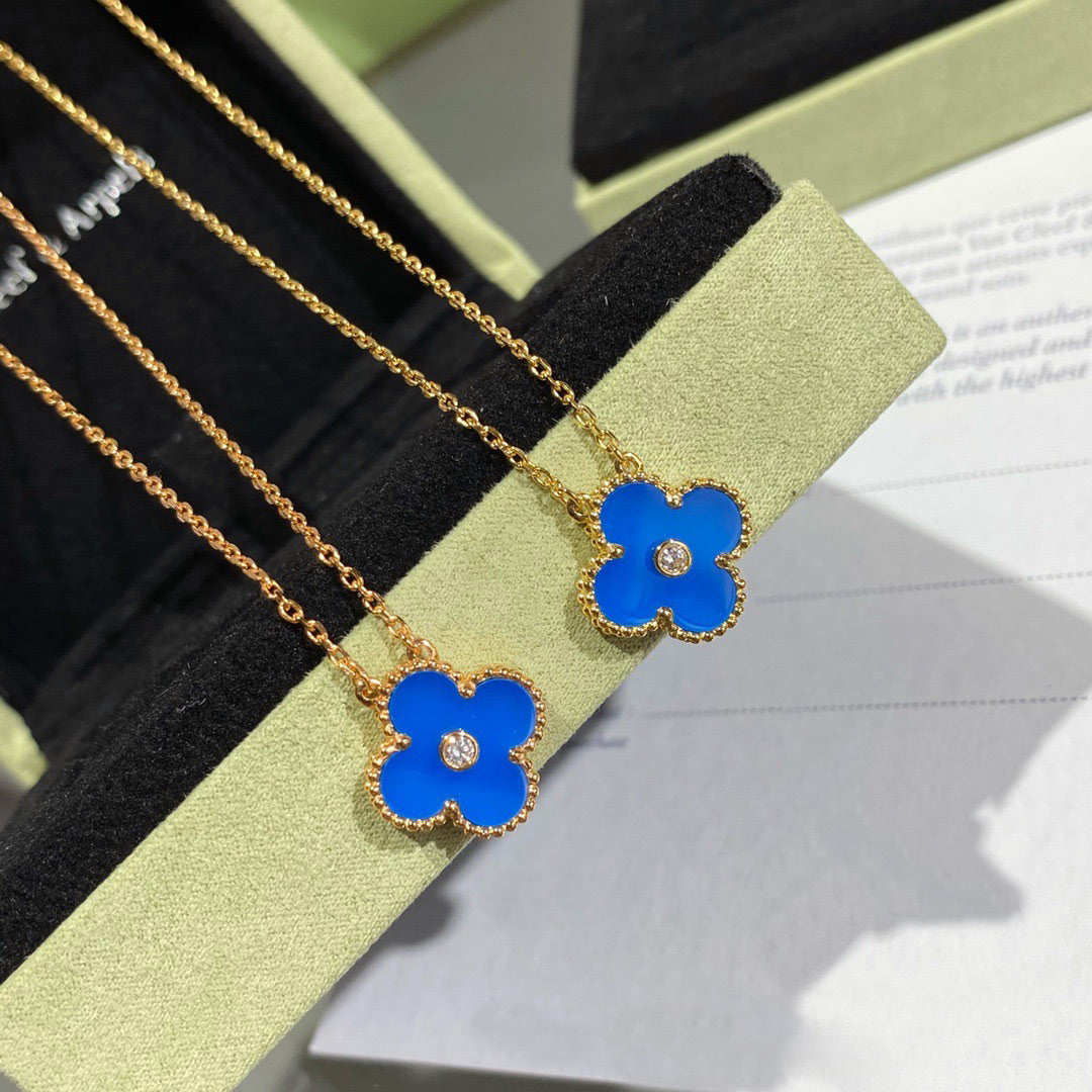 [⭐Renara]CLOVER 15MM DIAMOND AND BLUE AGATE NECKLACE