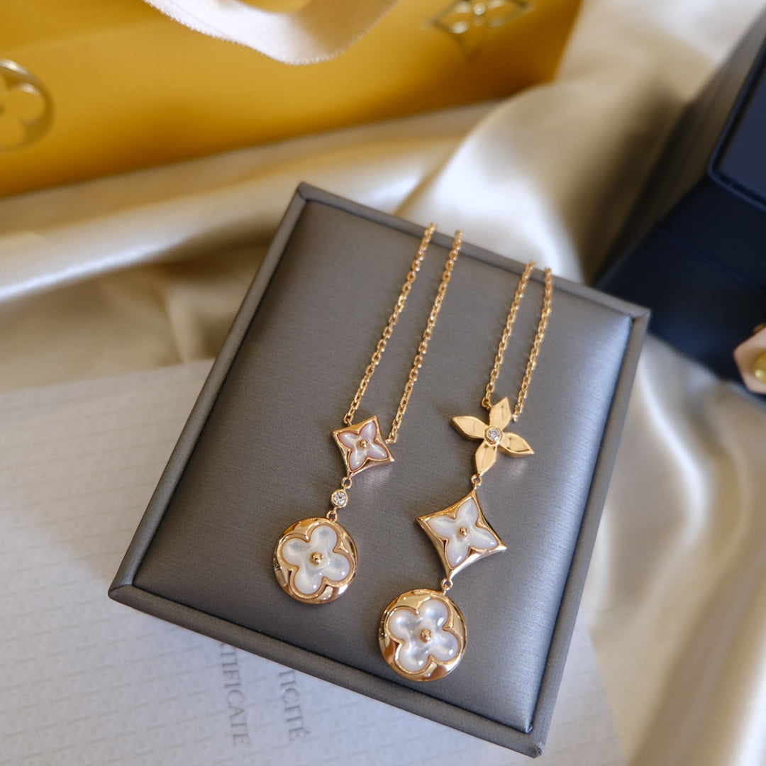 [⭐Renara]COLOR BLOSSOM LARIAT NECKLACE PINK GOLD WHITE MOTHER PEARL AND DIAMOND