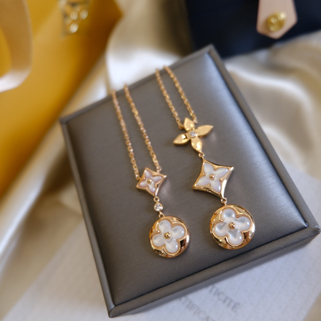 [⭐Renara]COLOR BLOSSOM LARIAT NECKLACE PINK GOLD WHITE MOTHER PEARL AND DIAMOND