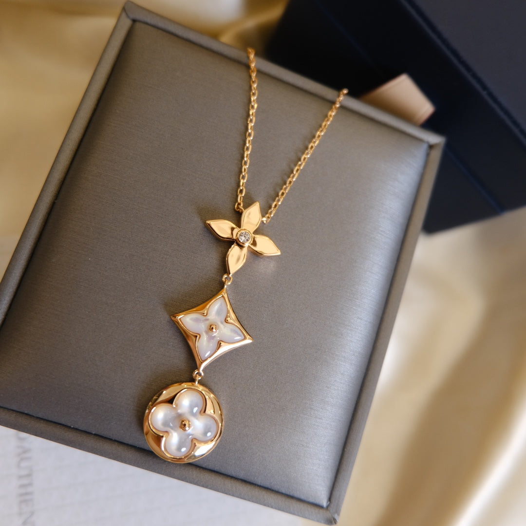 [⭐Renara]COLOR BLOSSOM LARIAT NECKLACE PINK GOLD WHITE MOTHER PEARL AND DIAMOND