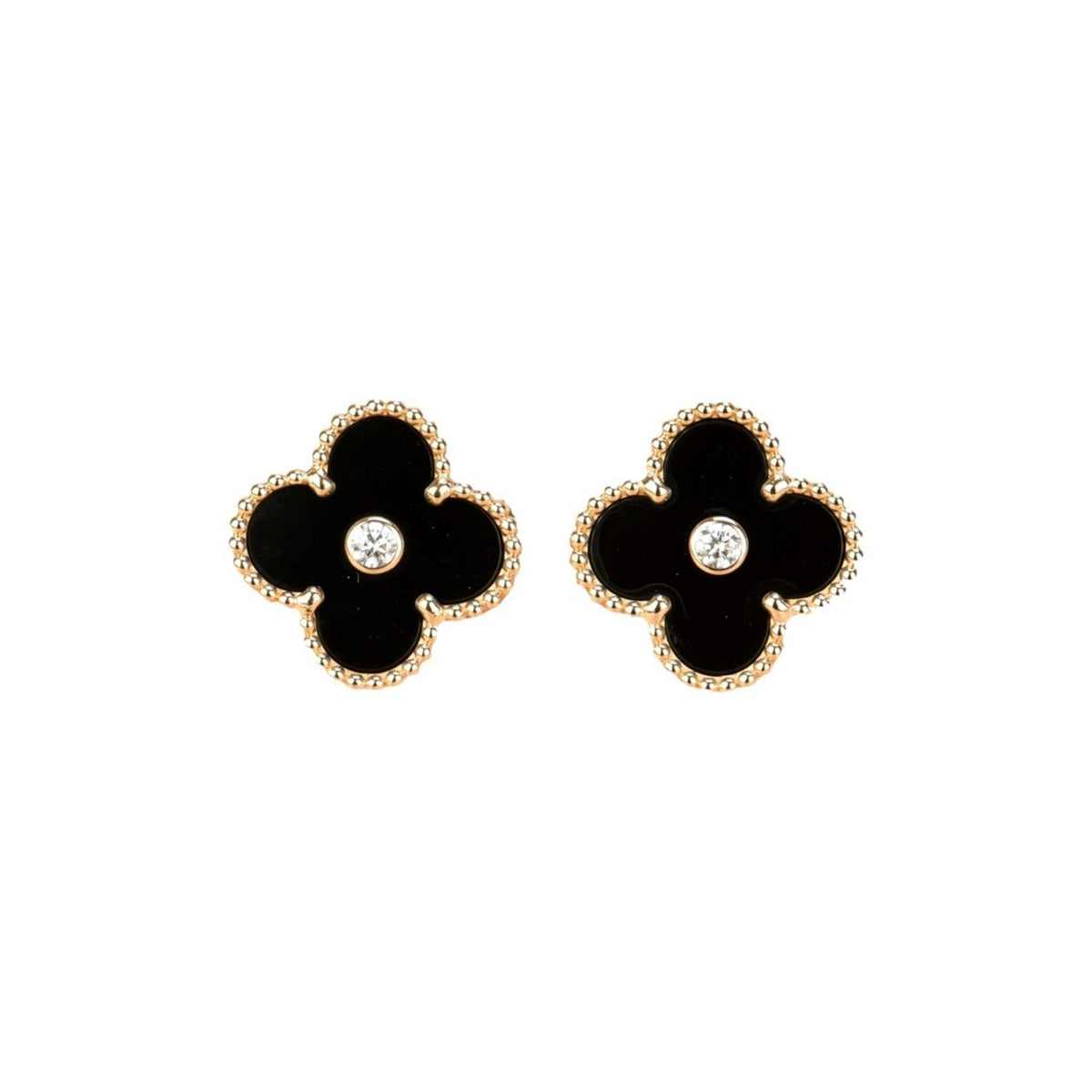 [⭐Renara]CLOVER MEDIUM 1 MOTIFS ONYX DIAMOND EARRINGS