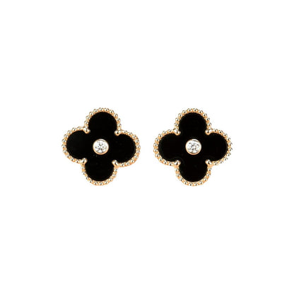 [⭐Renara]CLOVER MEDIUM 1 MOTIFS ONYX DIAMOND EARRINGS