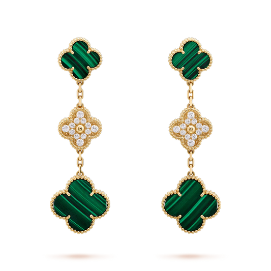 [⭐Renara]CLOVER EARRINGS GOLD MALACHITE DIAMOND 3 MOTIF
