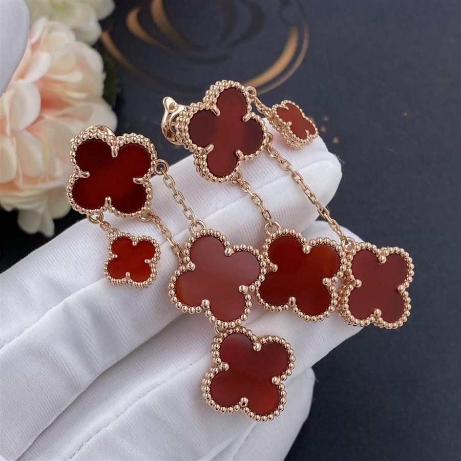 [⭐Renara]CLOVER EARRINGS CARNELIAN 4 MOTIFS PINK GOLD